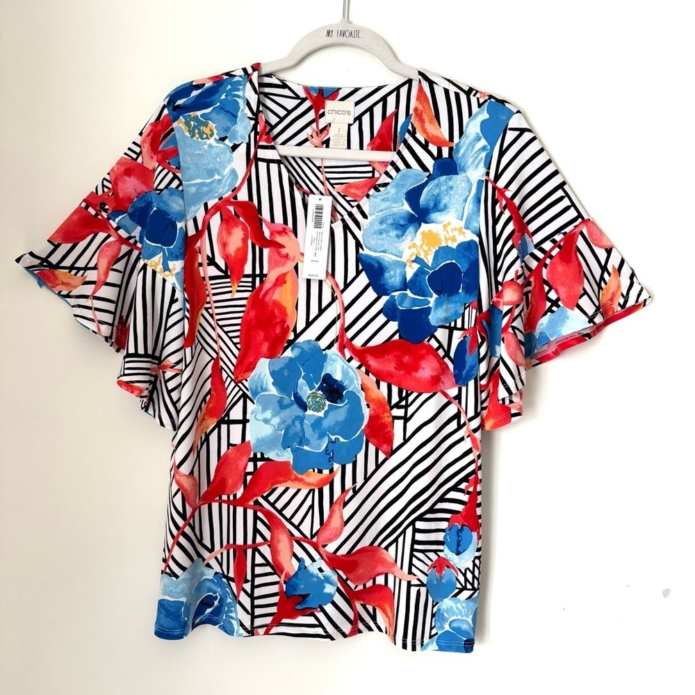 Chico's Multi Stripe Floral Top Short Ruffle Sleeve NWT